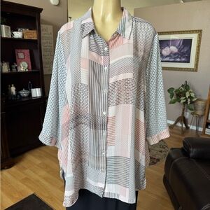 Rose & Olive sheer black, pink & blue 3/4 sleeves blouse-size 1X